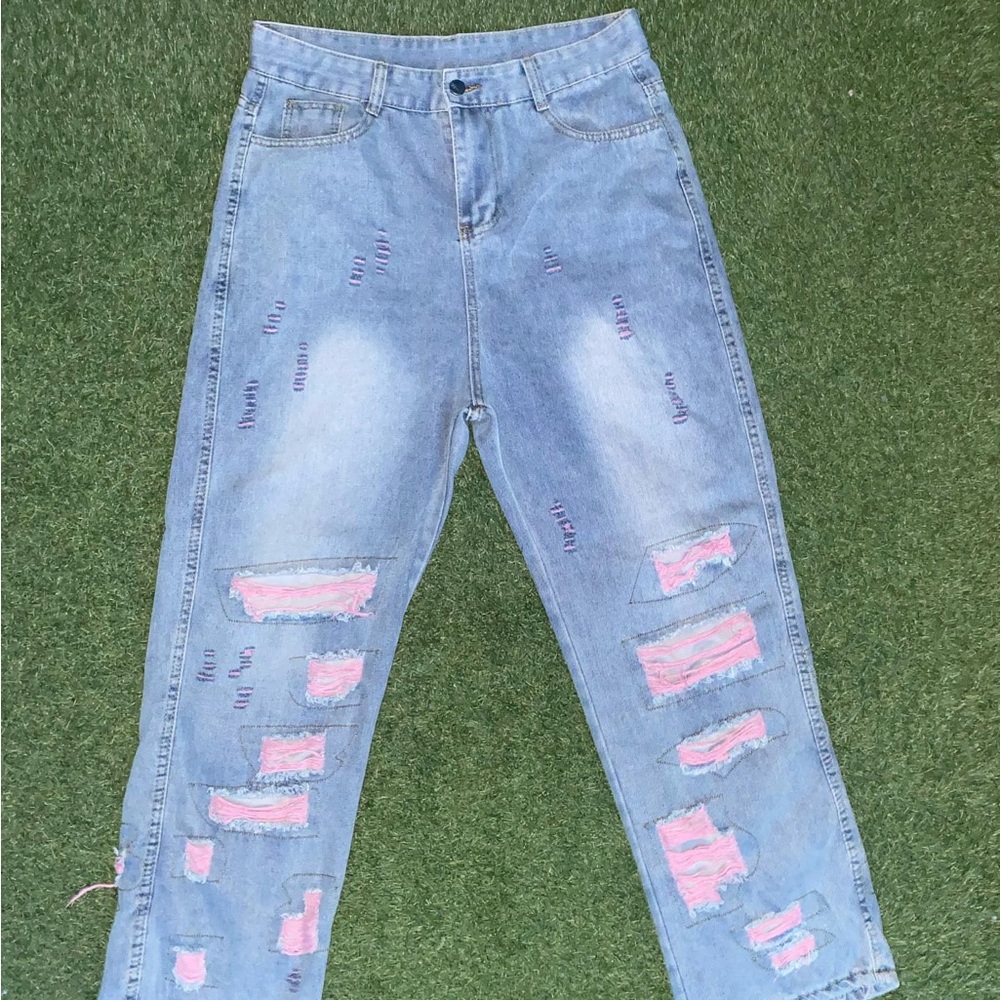 Stylish Blue and Pink Distressed Women Jeans